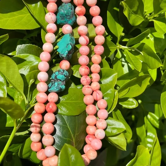 VINTAGE ANGEL SKIN CORAL &LARGE TURQUOISE BEADS LONG NECKLACE UNIQUE COLOR COMBO